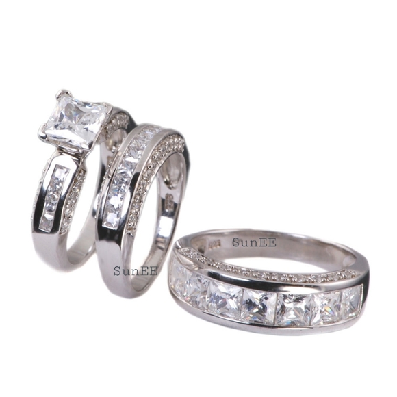 New His Hers Real 925 Wedding Engagement Ring Set - Picture 2 of 6